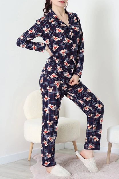 Navy Blue Plaid Faux Suede Button-Down Pajama Set