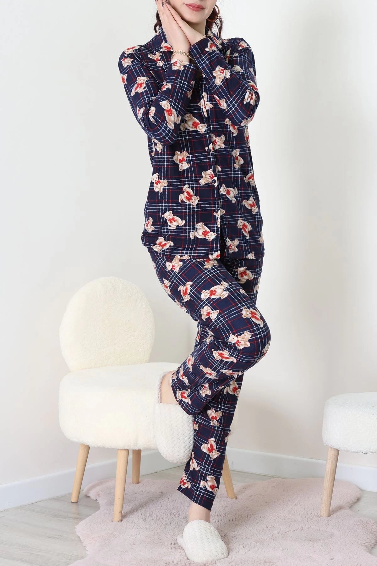 Navy Blue Plaid Faux Suede Button-Down Pajama Set