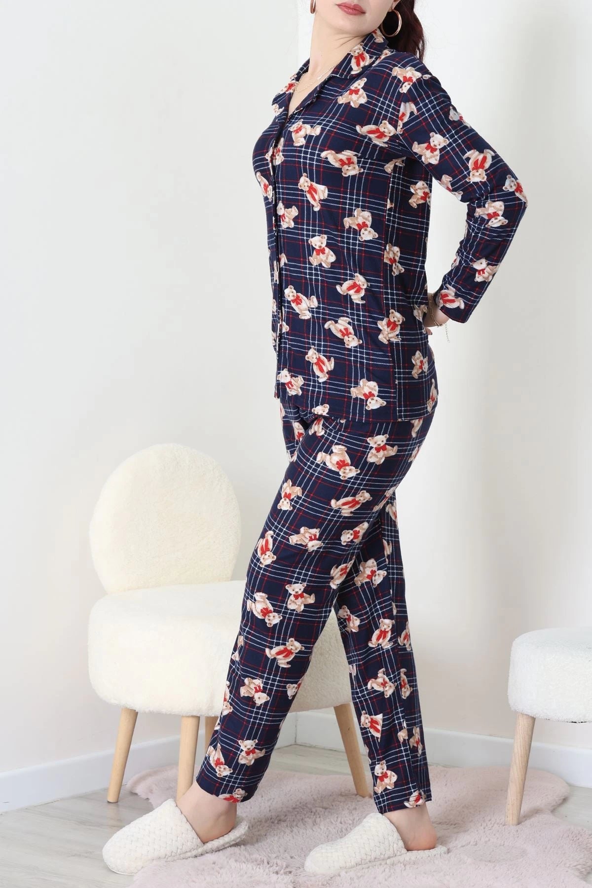 Navy Blue Plaid Faux Suede Button-Down Pajama Set