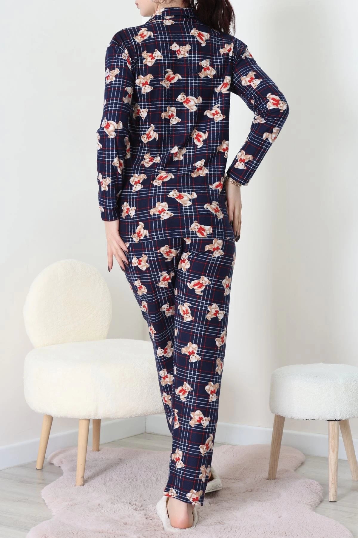Navy Blue Plaid Faux Suede Button-Down Pajama Set