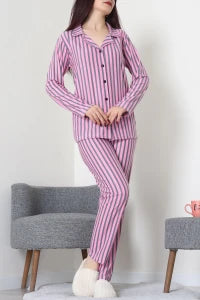 Black Striped Faux Suede Button-Down Pajama Set