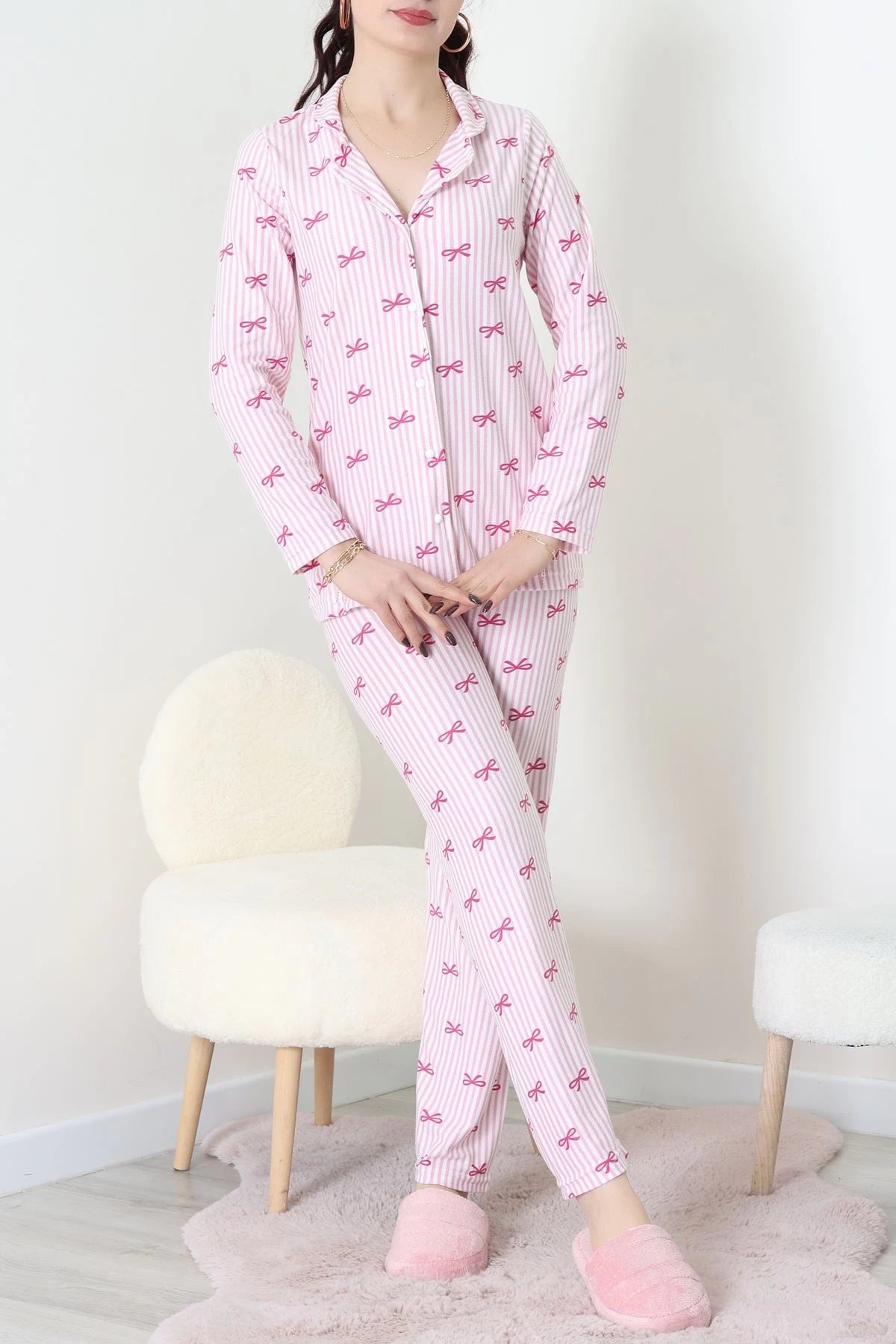 Pink Striped Faux Suede Button