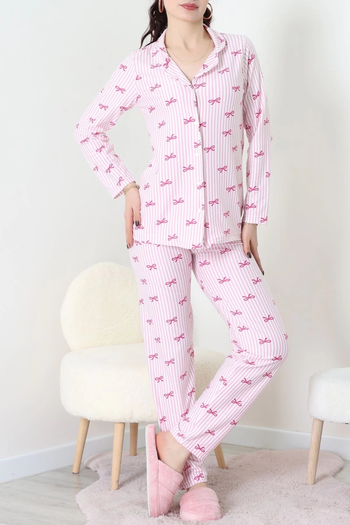 Pink Striped Faux Suede Button