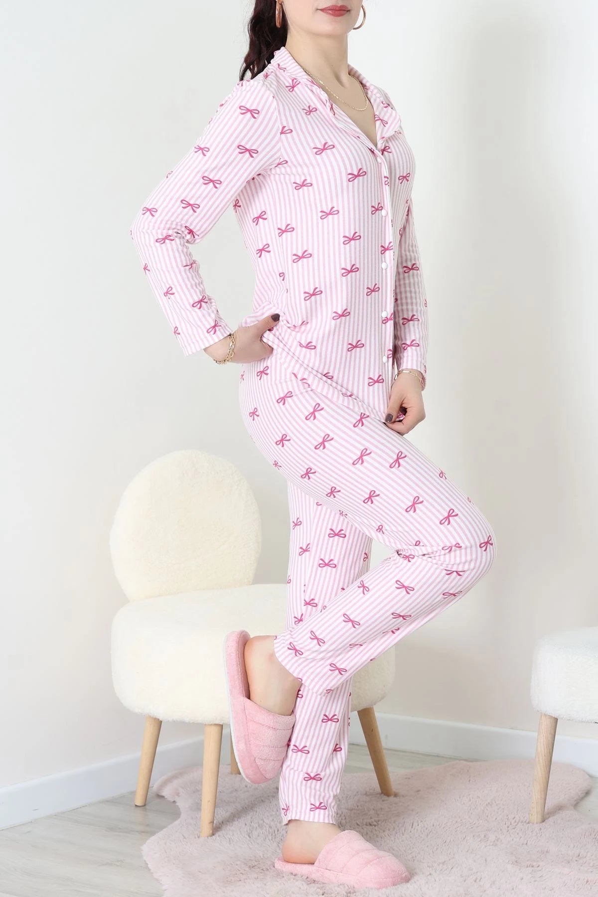 Pink Striped Faux Suede Button
