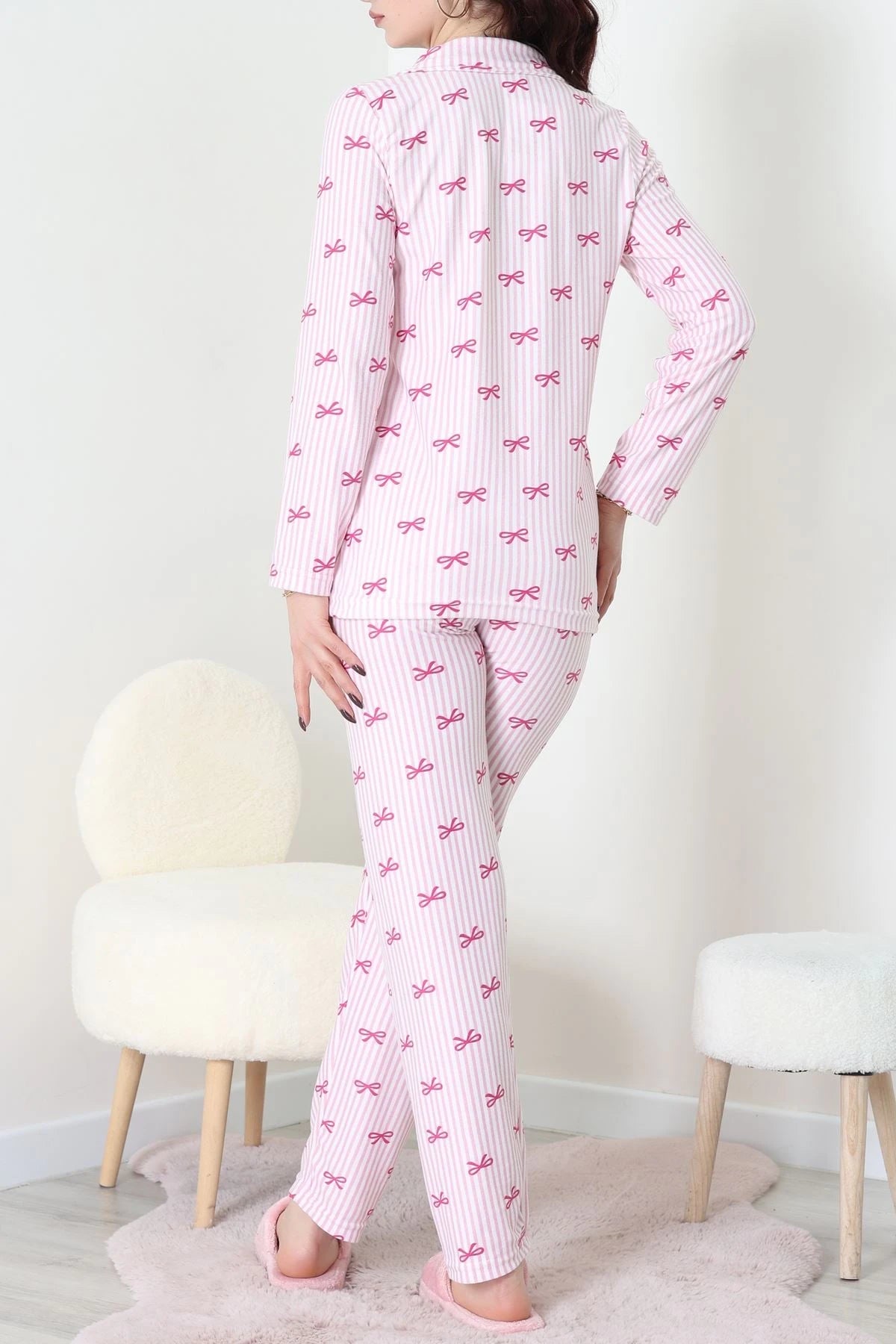 Pink Striped Faux Suede Button