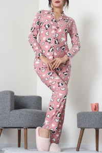 Navy Blue Plaid Faux Suede Button-Down Pajama Set