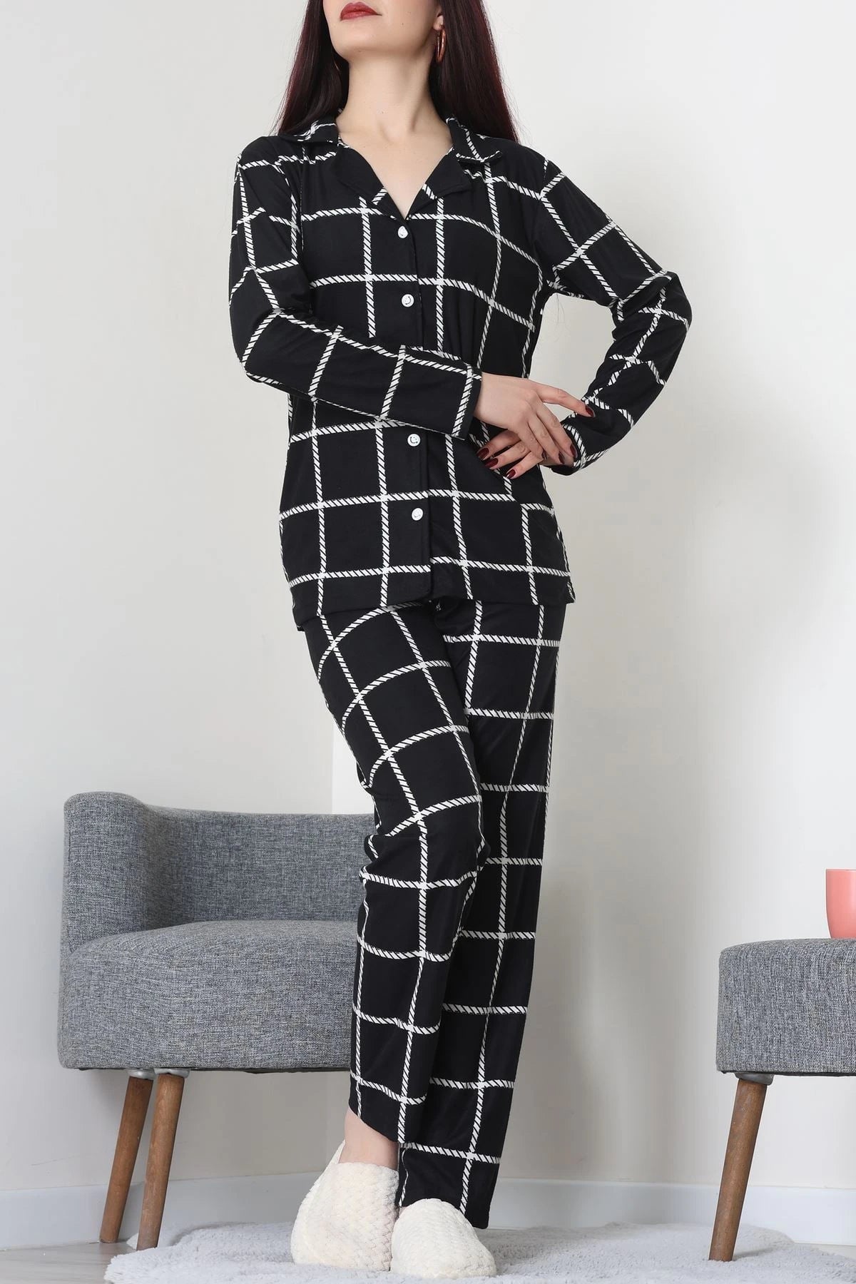 Black Striped Faux Suede Button-Down Pajama Set