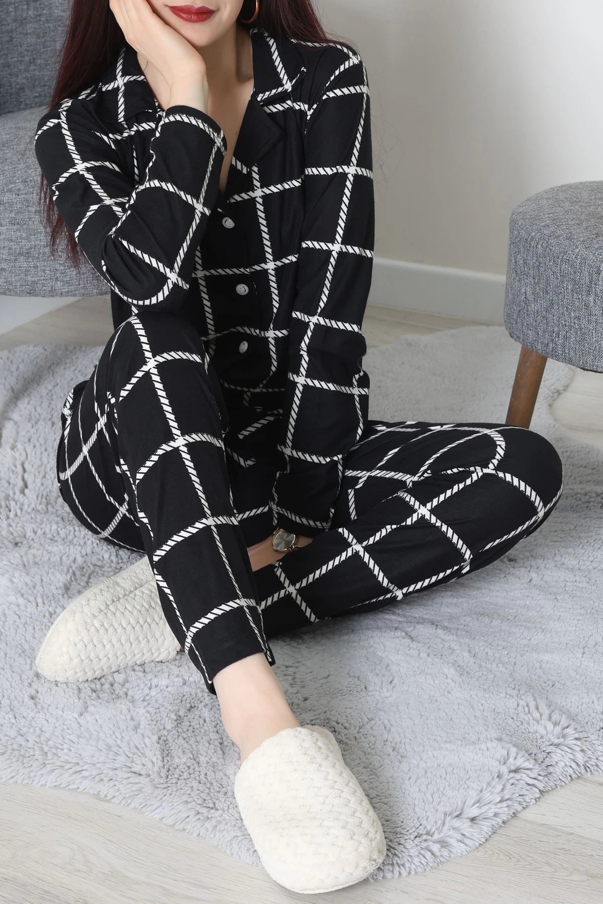 Black Striped Faux Suede Button-Down Pajama Set