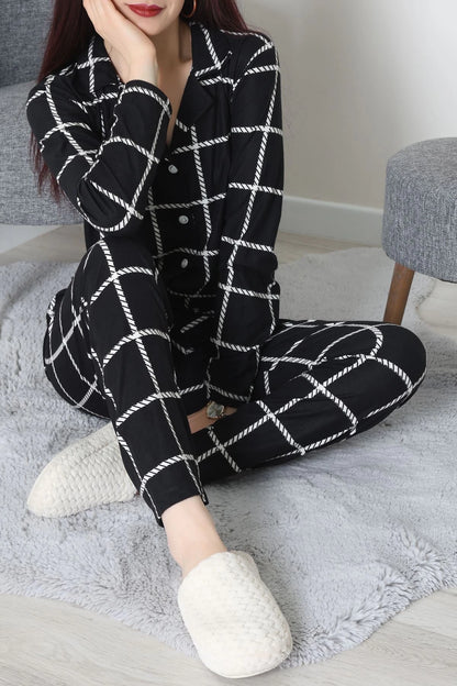 Black Striped Faux Suede Button-Down Pajama Set