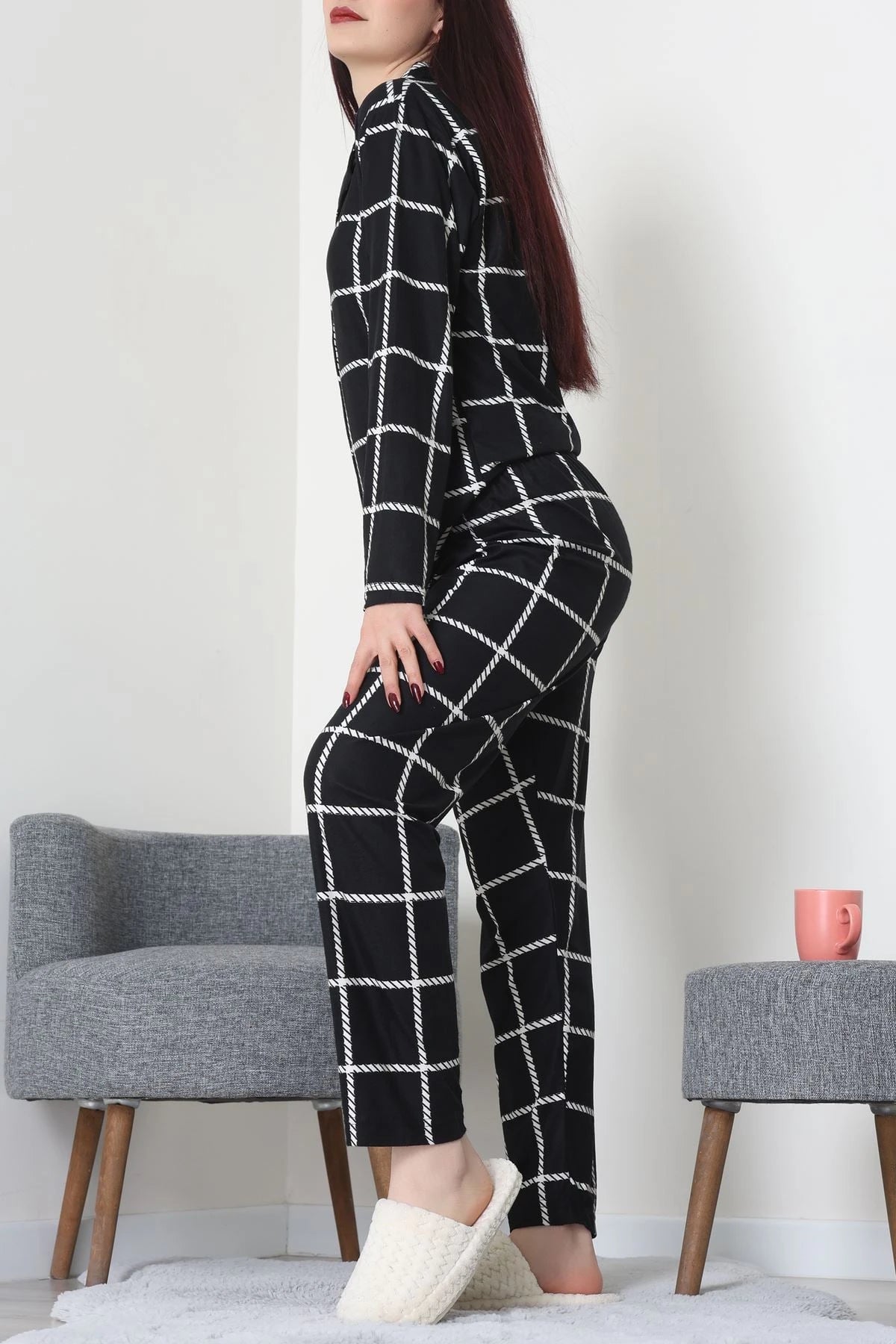 Black Striped Faux Suede Button-Down Pajama Set