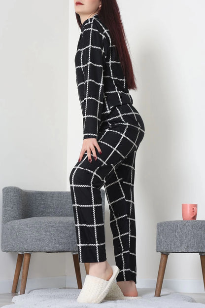 Black Striped Faux Suede Button-Down Pajama Set