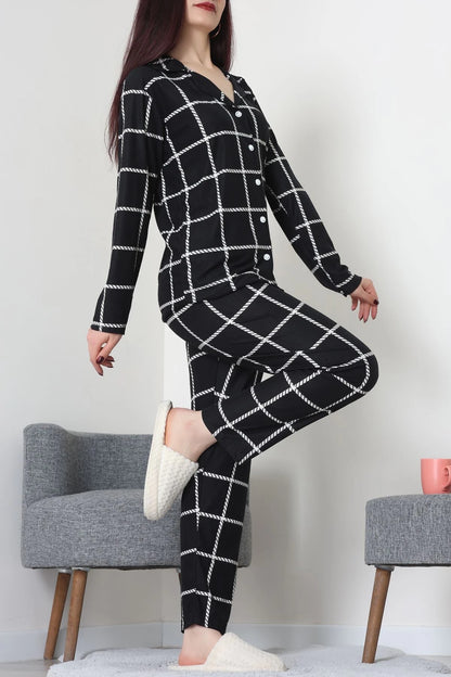 Black Striped Faux Suede Button-Down Pajama Set