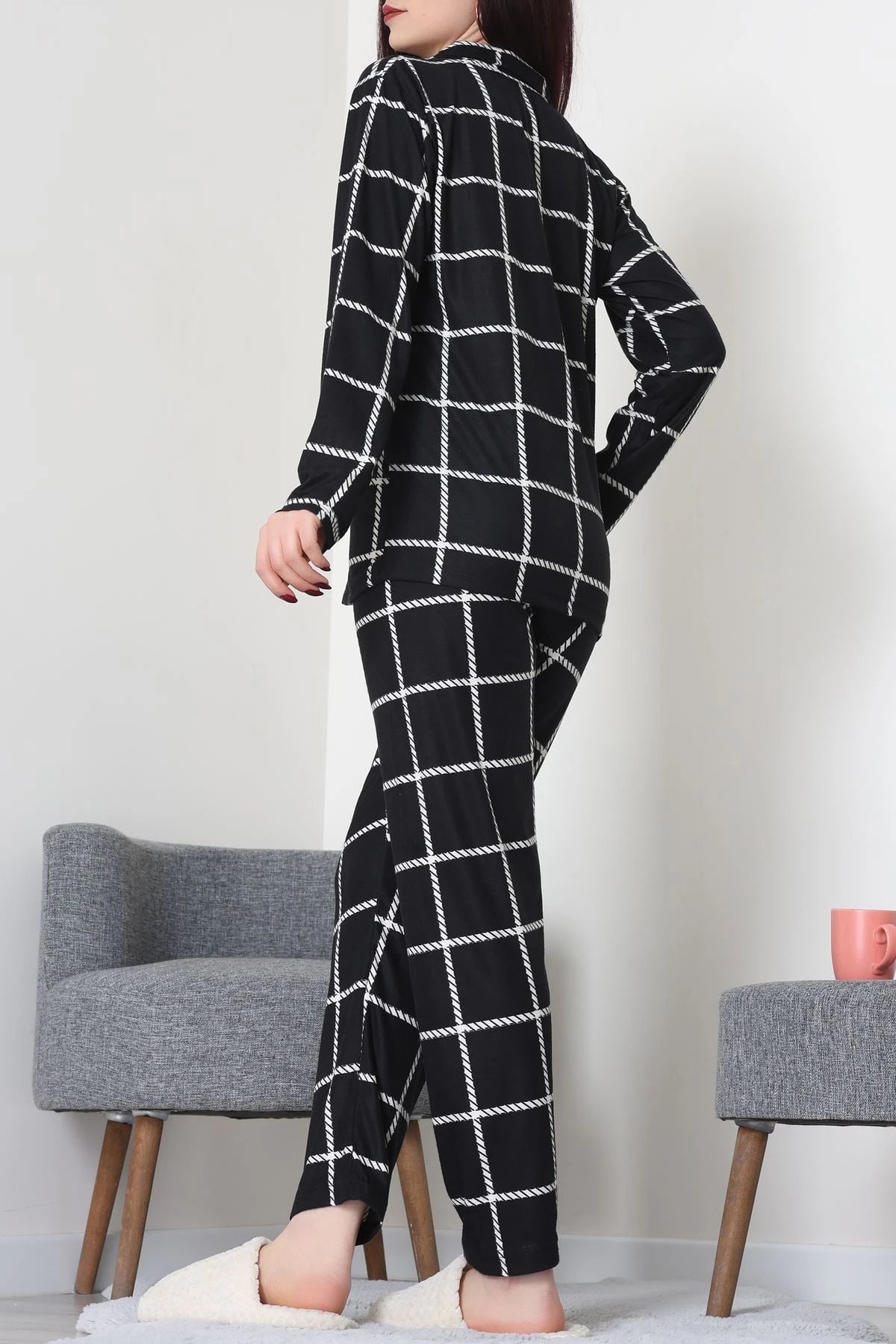 Black Striped Faux Suede Button-Down Pajama Set