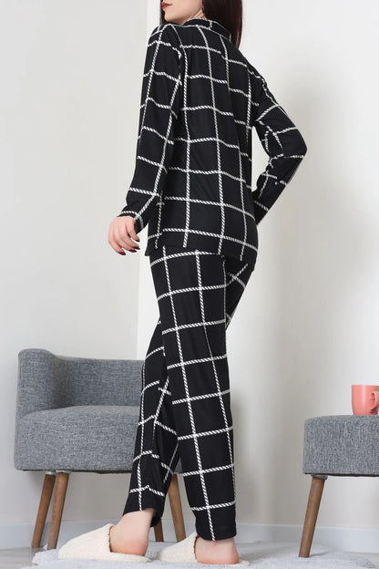 Black Striped Faux Suede Button-Down Pajama Set