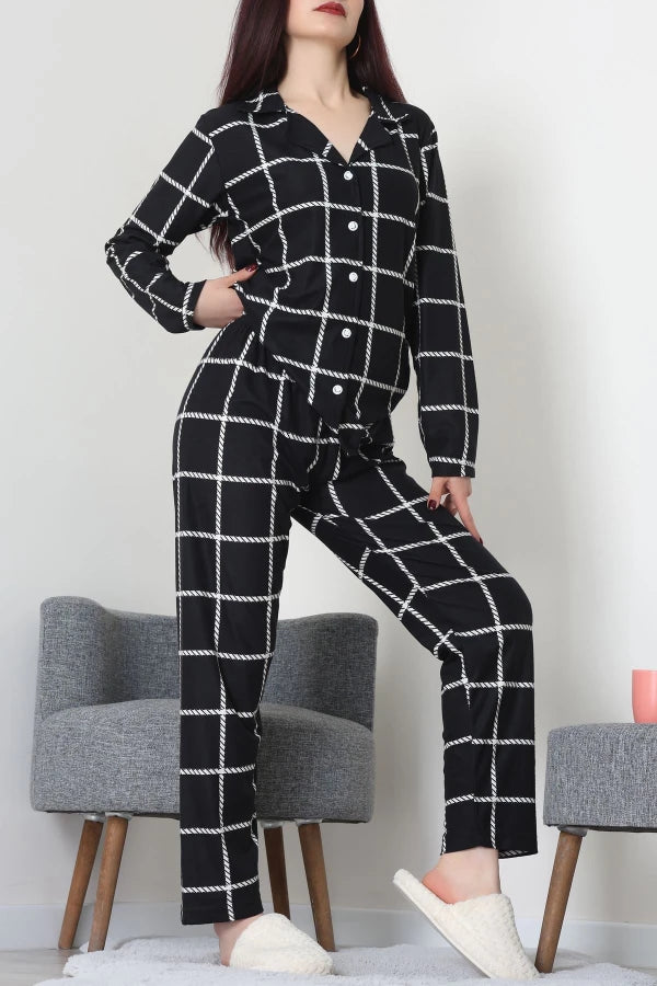 Black Striped Faux Suede Button-Down Pajama Set