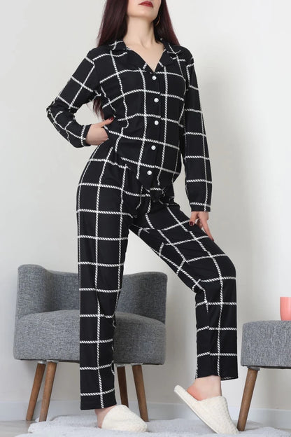 Black Striped Faux Suede Button-Down Pajama Set