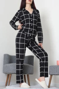 Black Striped Faux Suede Button-Down Pajama Set