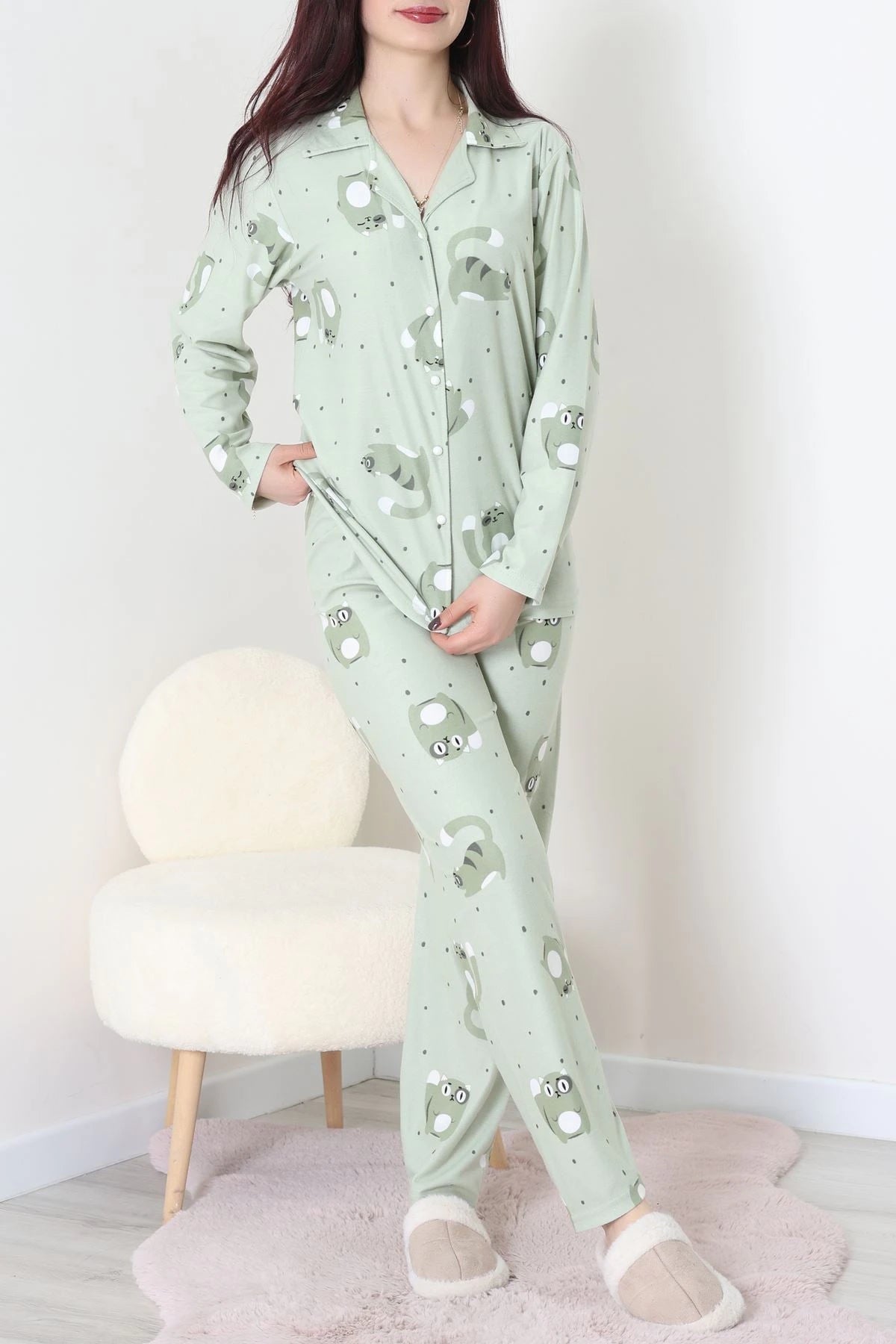 Green Faux Suede Button-Down Pajama Set