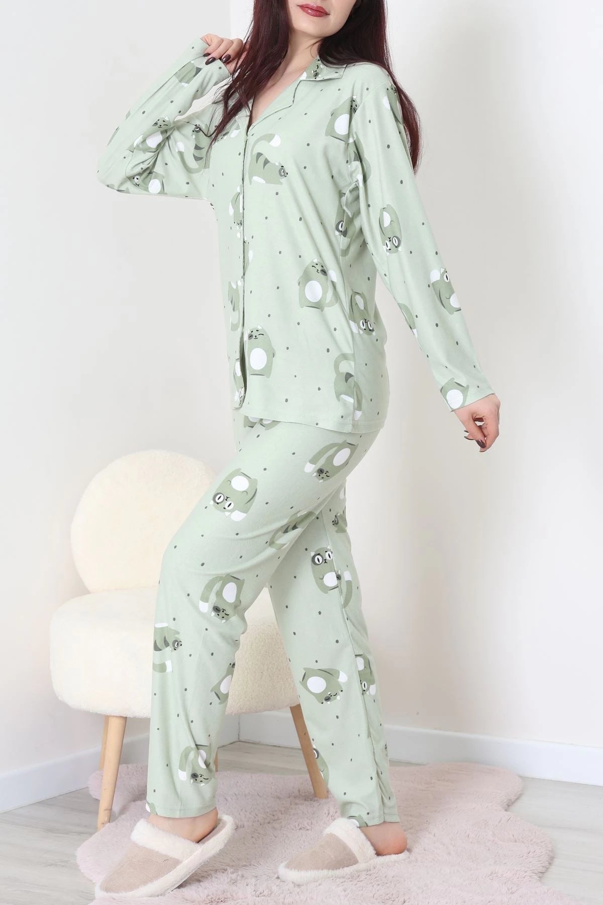 Green Faux Suede Button-Down Pajama Set