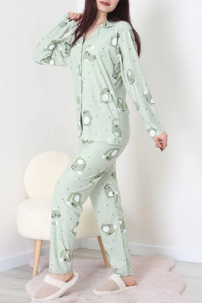 Green Faux Suede Button-Down Pajama Set