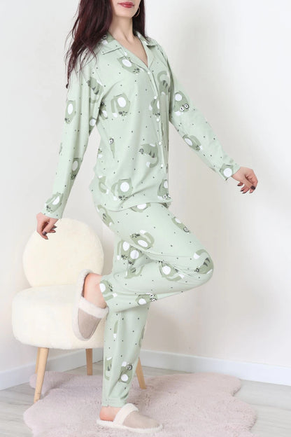 Green Faux Suede Button-Down Pajama Set