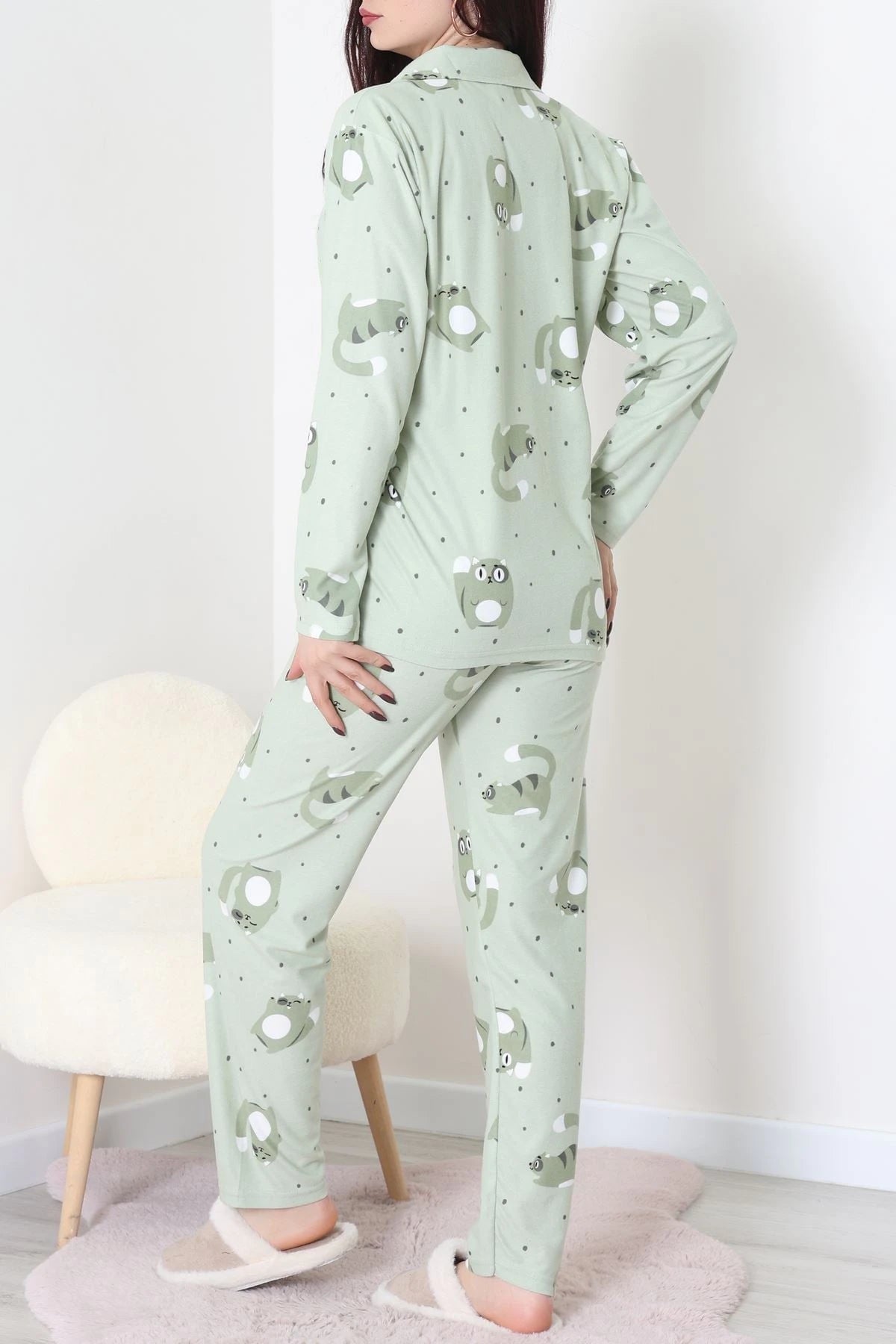 Green Faux Suede Button-Down Pajama Set