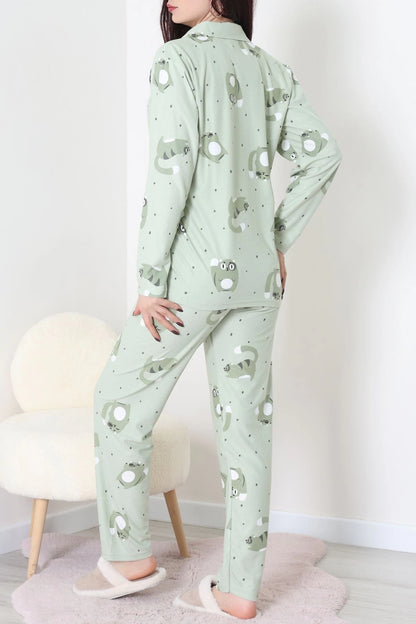 Green Faux Suede Button-Down Pajama Set