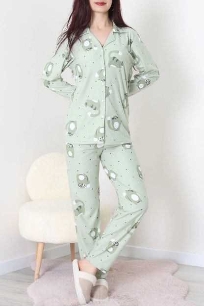 Green Faux Suede Button-Down Pajama Set
