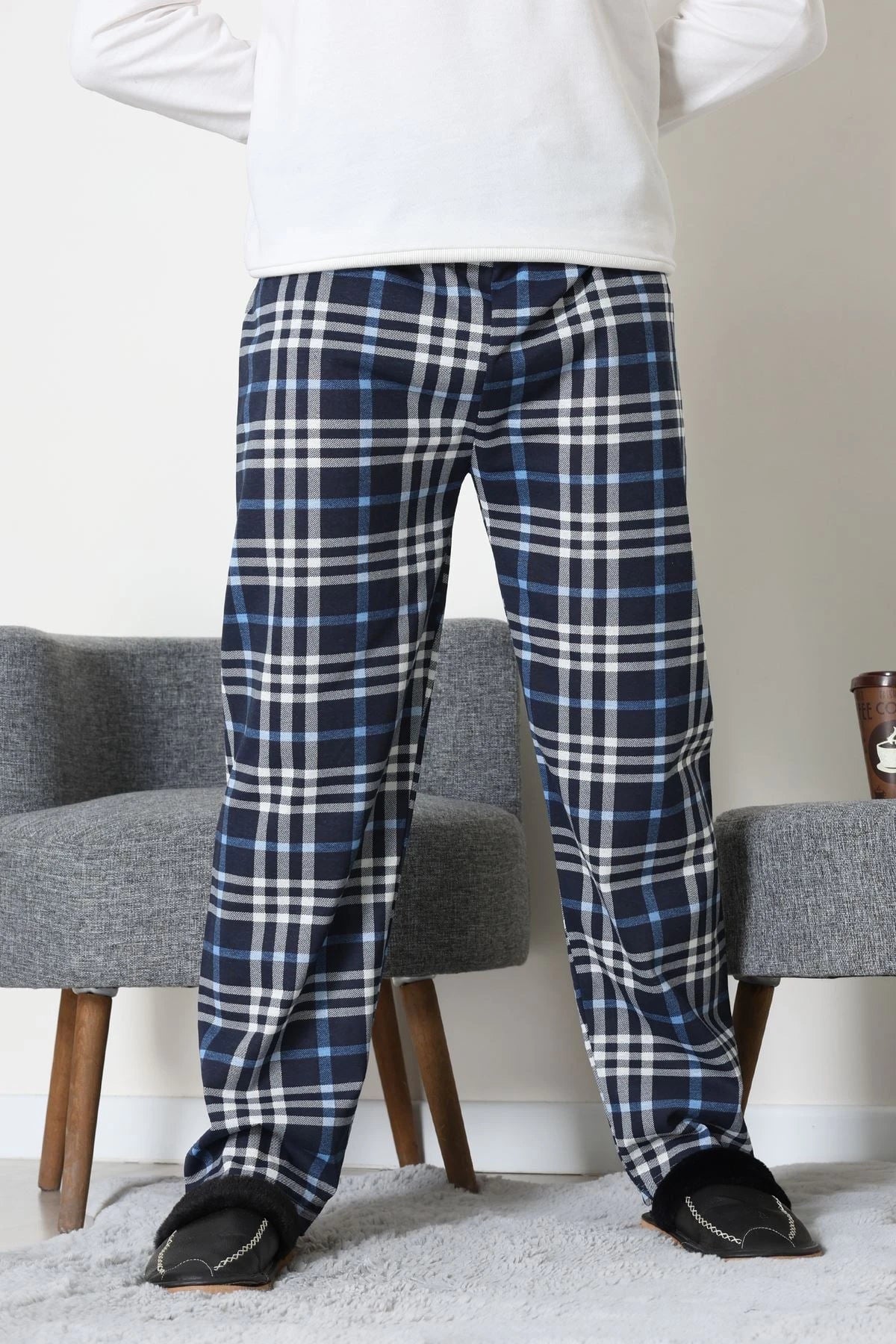 Men's Navy & Grey Plaid Jersey Pajama Bottoms