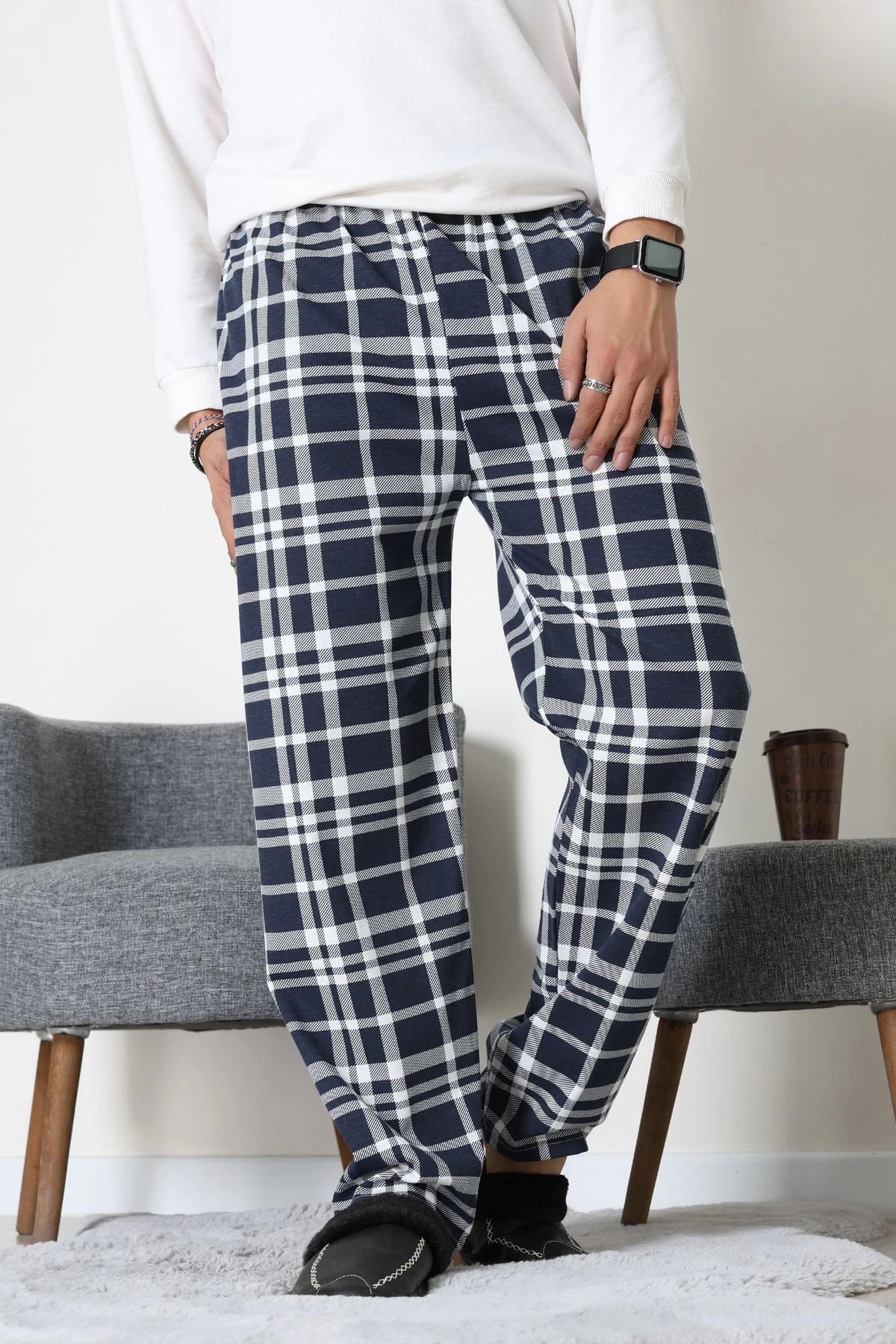 Men's Navy & Grey Plaid Jersey Pajama Bottoms