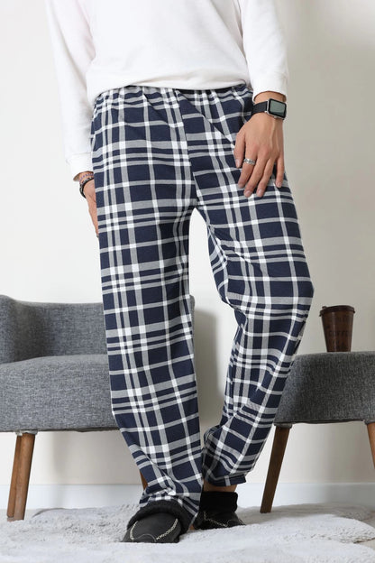 Men's Navy & Grey Plaid Jersey Pajama Bottoms
