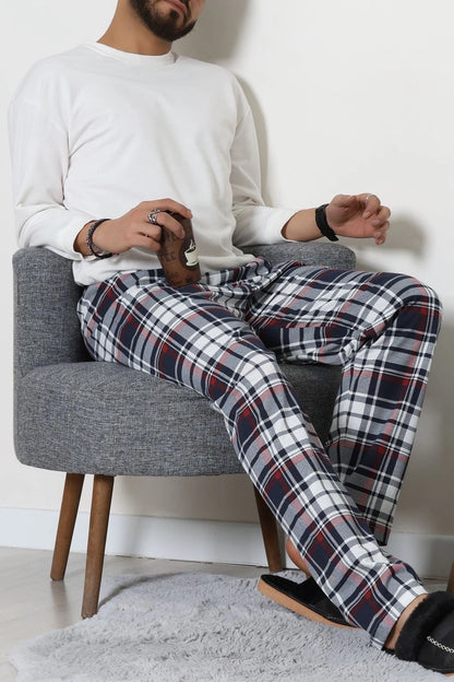 Men's Navy & Grey Plaid Jersey Pajama Bottoms