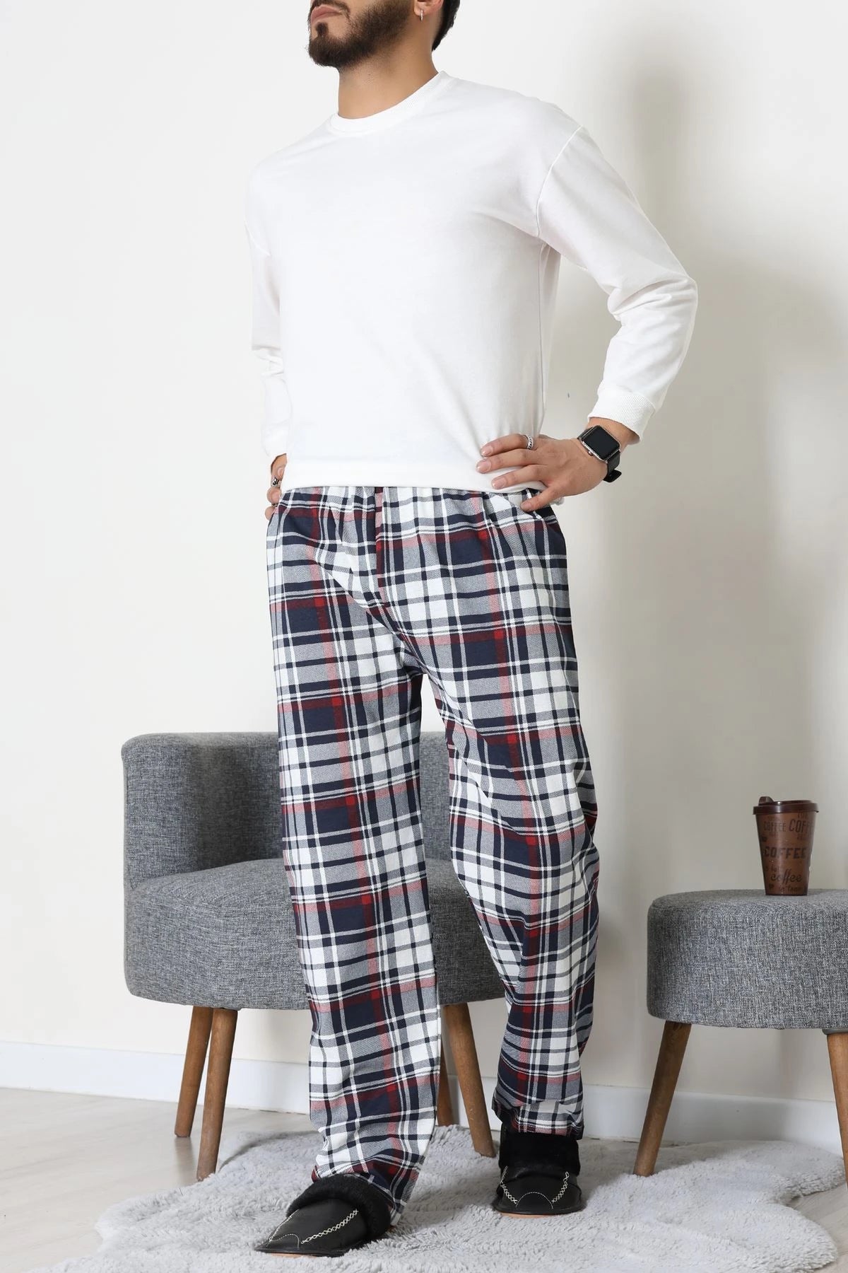 Men's Navy & Grey Plaid Jersey Pajama Bottoms