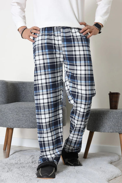 Men's Navy & Grey Plaid Jersey Pajama Bottoms