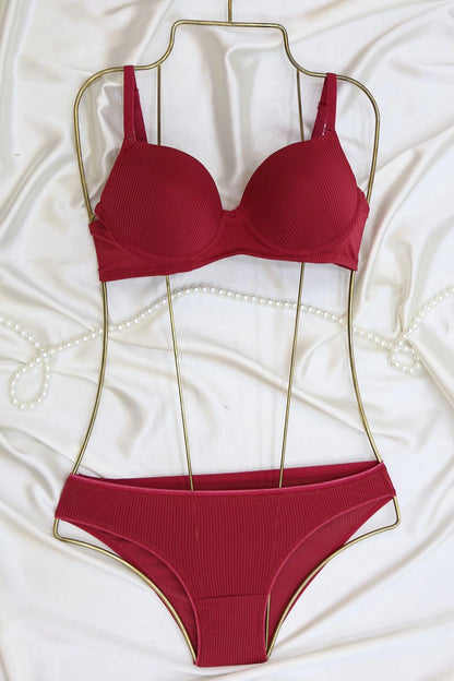 Striped Mesh Lingerie Set - Underwired Bra & Panty in Cherry Red