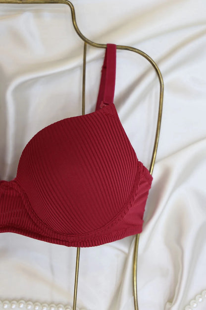 Striped Mesh Lingerie Set - Underwired Bra & Panty in Cherry Red