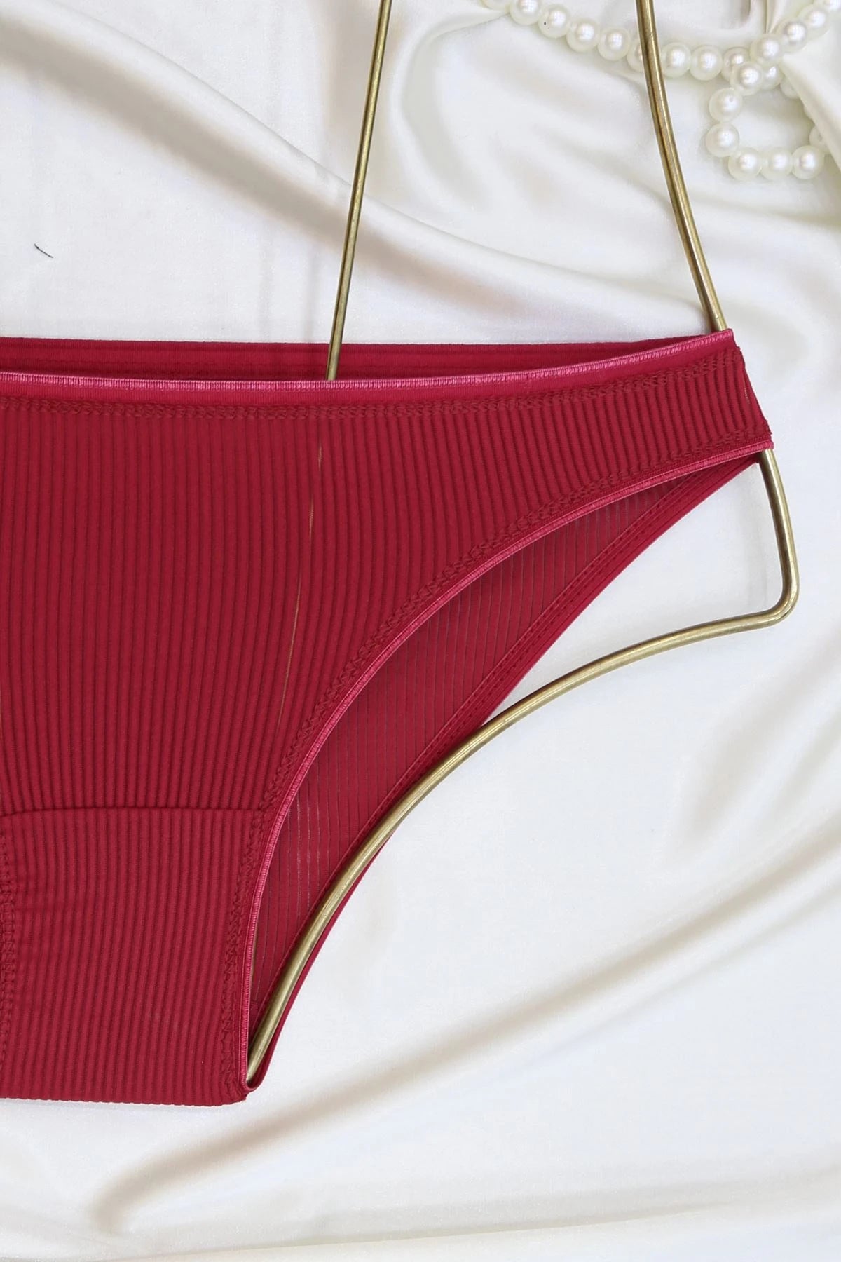 Striped Mesh Lingerie Set - Underwired Bra & Panty in Cherry Red