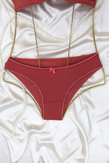 Terracotta Honeycomb Mesh Lingerie Set - Sheer Panel Underwire Bra & Panty