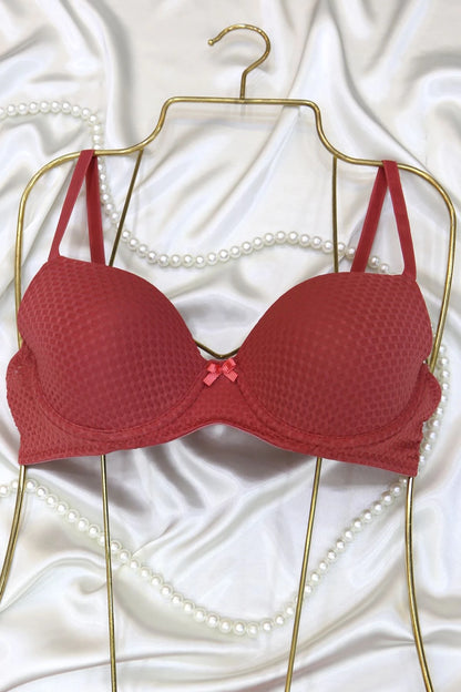 Terracotta Honeycomb Mesh Lingerie Set - Sheer Panel Underwire Bra & Panty