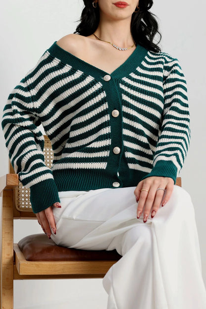 Women’s V-Neck Striped Knitwear Cardigan – Black & Latte