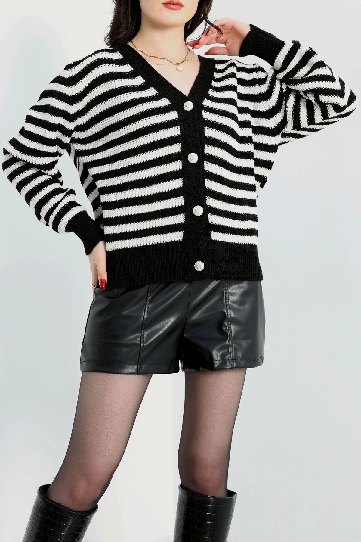 Women’s V-Neck Striped Knitwear Cardigan – Black & Latte