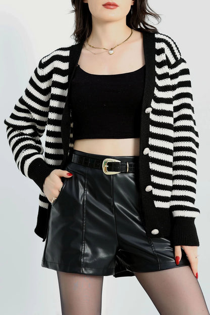 Women’s V-Neck Striped Knitwear Cardigan – Black & Latte