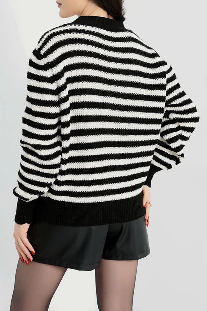 Women’s V-Neck Striped Knitwear Cardigan – Black & Latte