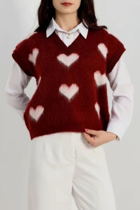 Women’s V-Neck Heart Pattern Knitwear Sweater Vest – Pink