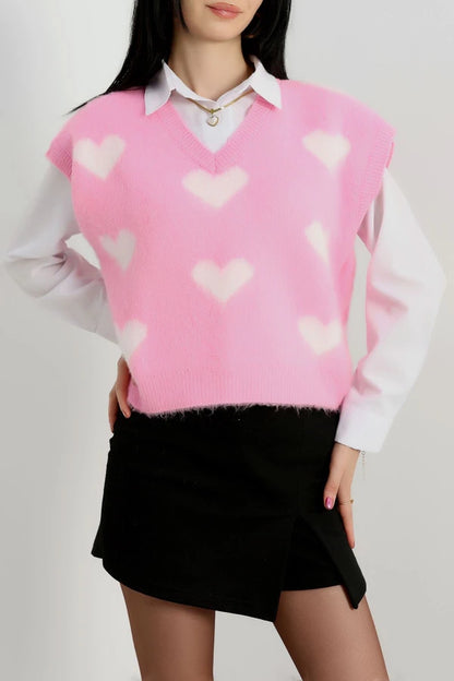 Women’s V-Neck Heart Pattern Knitwear Sweater Vest – Pink