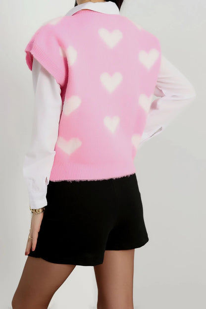 Women’s V-Neck Heart Pattern Knitwear Sweater Vest – Pink