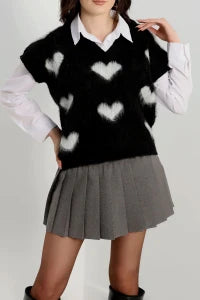 Women’s V-Neck Heart Pattern Knitwear Sweater Vest – Pink