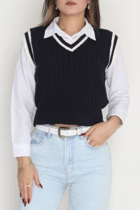 Women’s V-Neck Knitwear Sweater Vest – Black & Latte