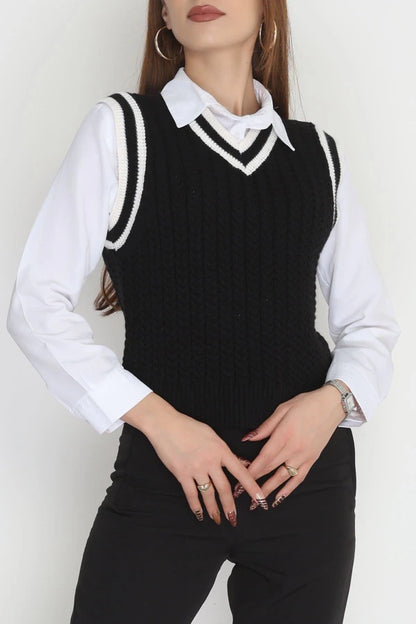 Women’s V-Neck Knitwear Sweater Vest – Black & Latte