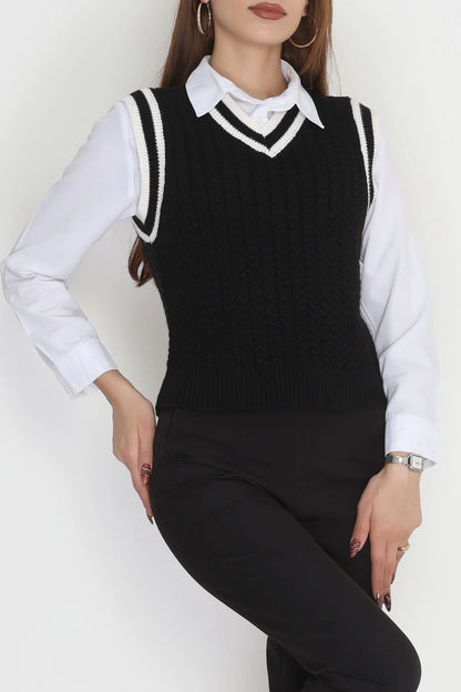 Women’s V-Neck Knitwear Sweater Vest – Black & Latte